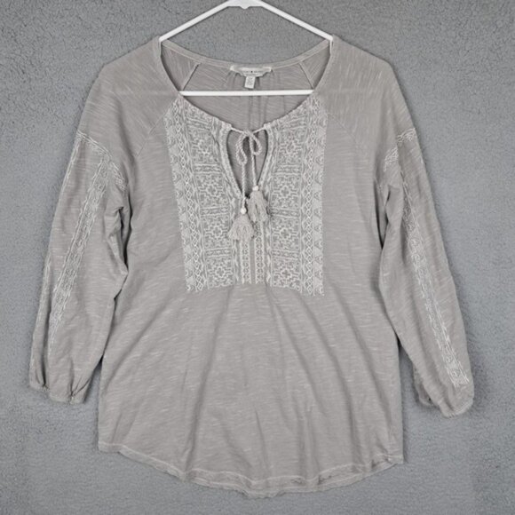 Lucky Brand Women's Small Peasant Blouse Tassle Tie Embroidered Grey - Picture 1 of 9